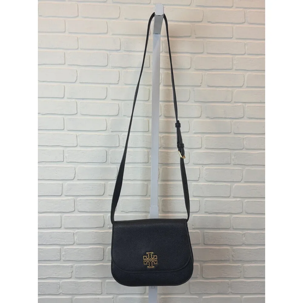Tory Burch Britten Pebbled Leather Crossbody Black Gold Hardware
